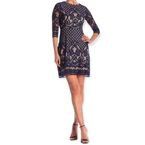 GABBY SKYE Dress Lace Overlay Sheath Quarter Sleeve Illusion Navy Dress